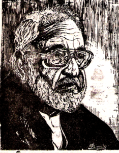 Waterproof black ink drawing: The great Hindi Scholar: ‘AGYEYA’, Shri Sachhidanand Hiranand Vatsayan (from the pages of Pt. Jawaharlal Nehru College, Banda (UP, India) annual magazine ‘Vikalpa’ 1987 issue).